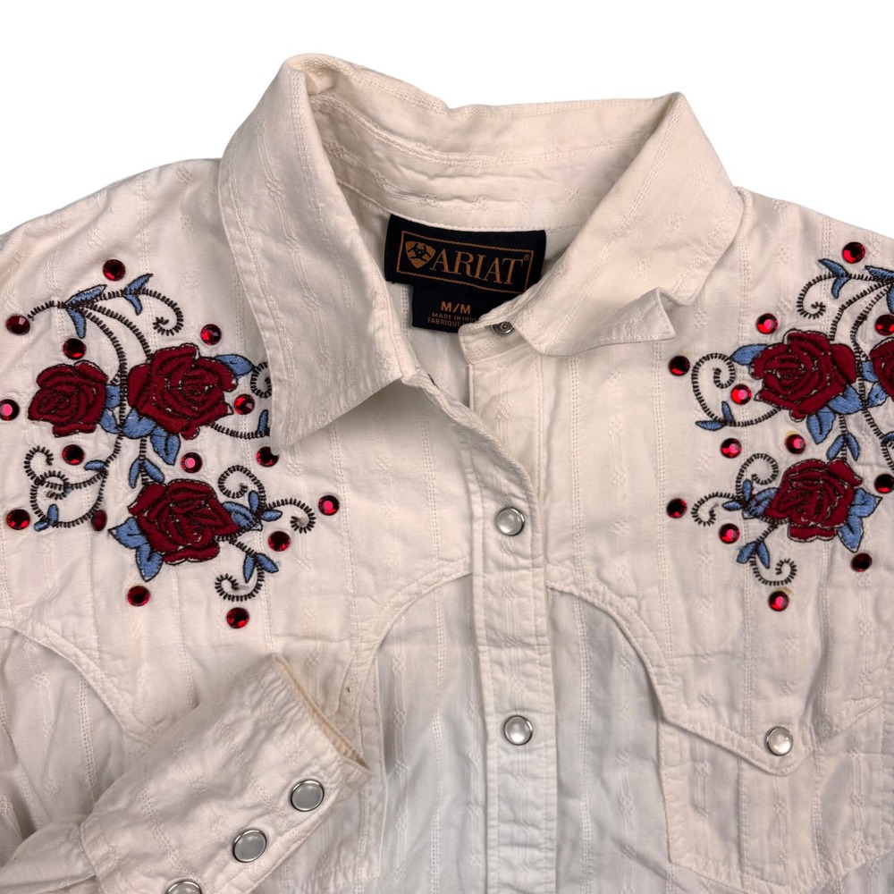 Ariat Womens White Rose Embroidered Rhinestone Western Pearl Snap Shirt Medium